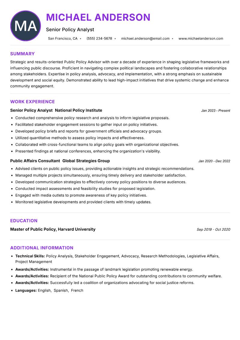 Public Policy Advisor resume example — ATS-friendly template