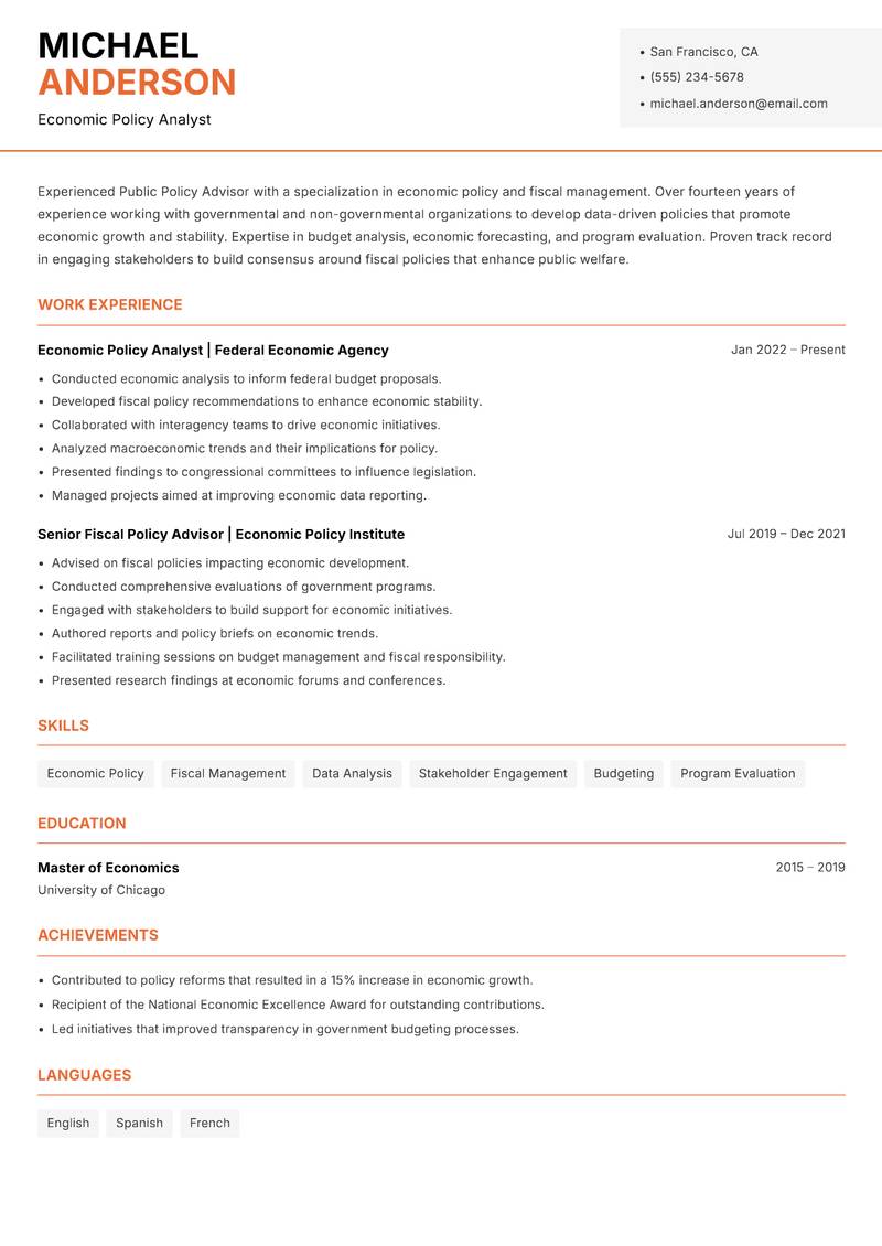 Public Policy Advisor resume template — Modern Professional