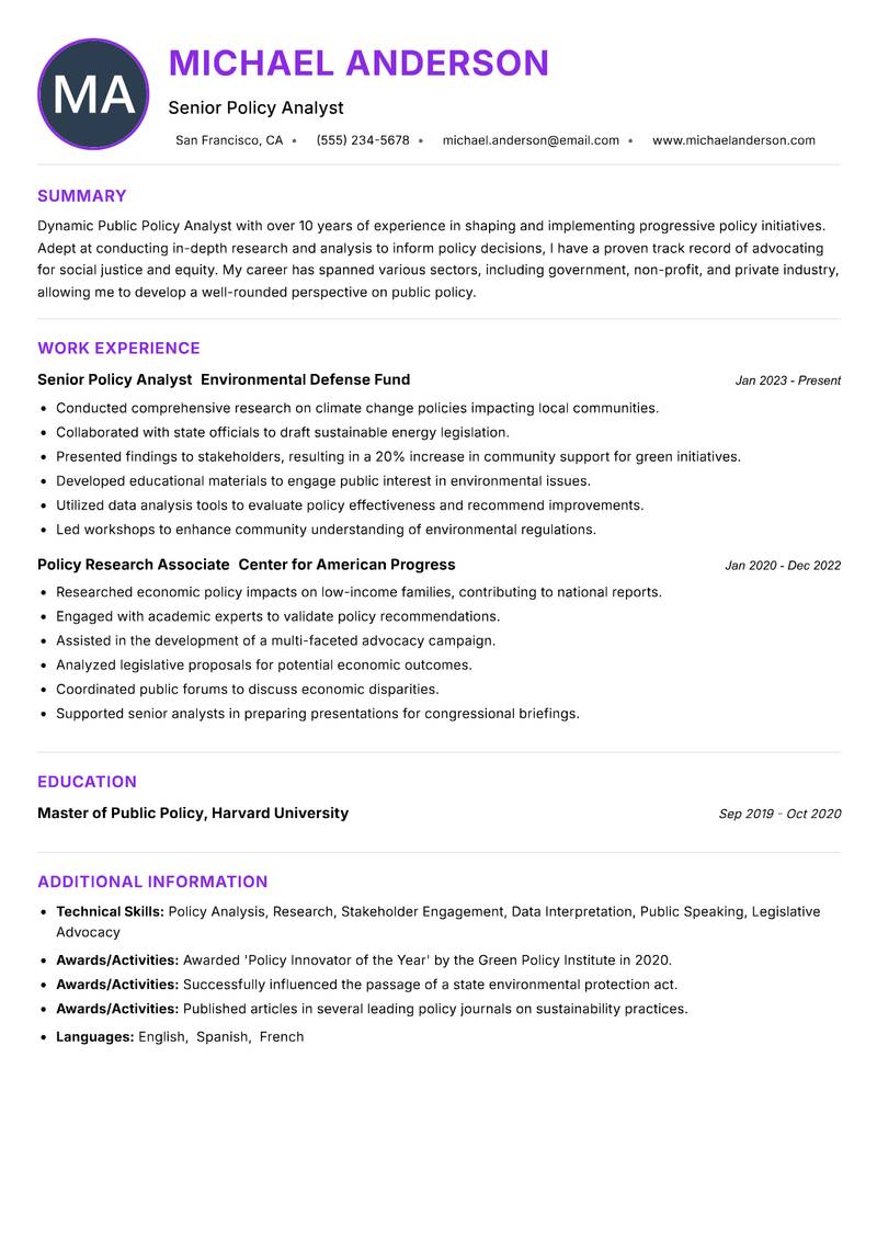 Public Policy Analyst resume example — ATS-friendly template