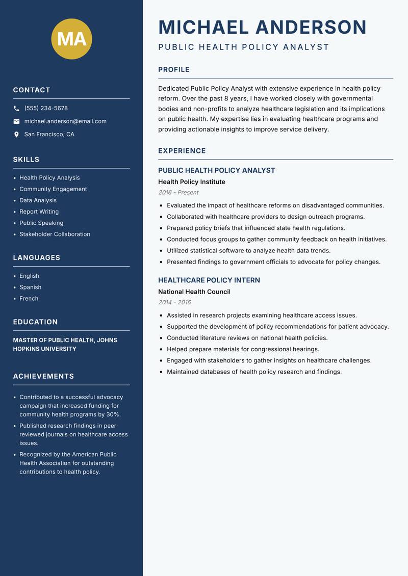 Public Policy Analyst resume template — Classic Clean