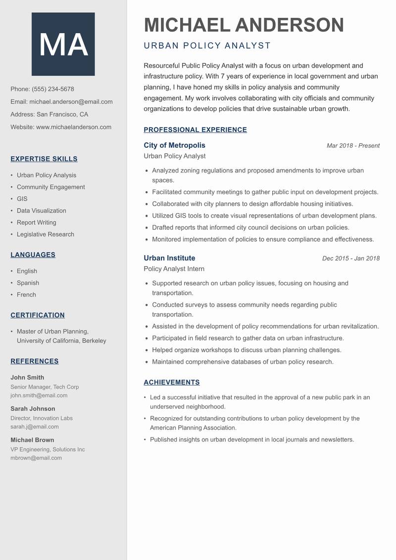 Public Policy Analyst resume template — Creative Minimal