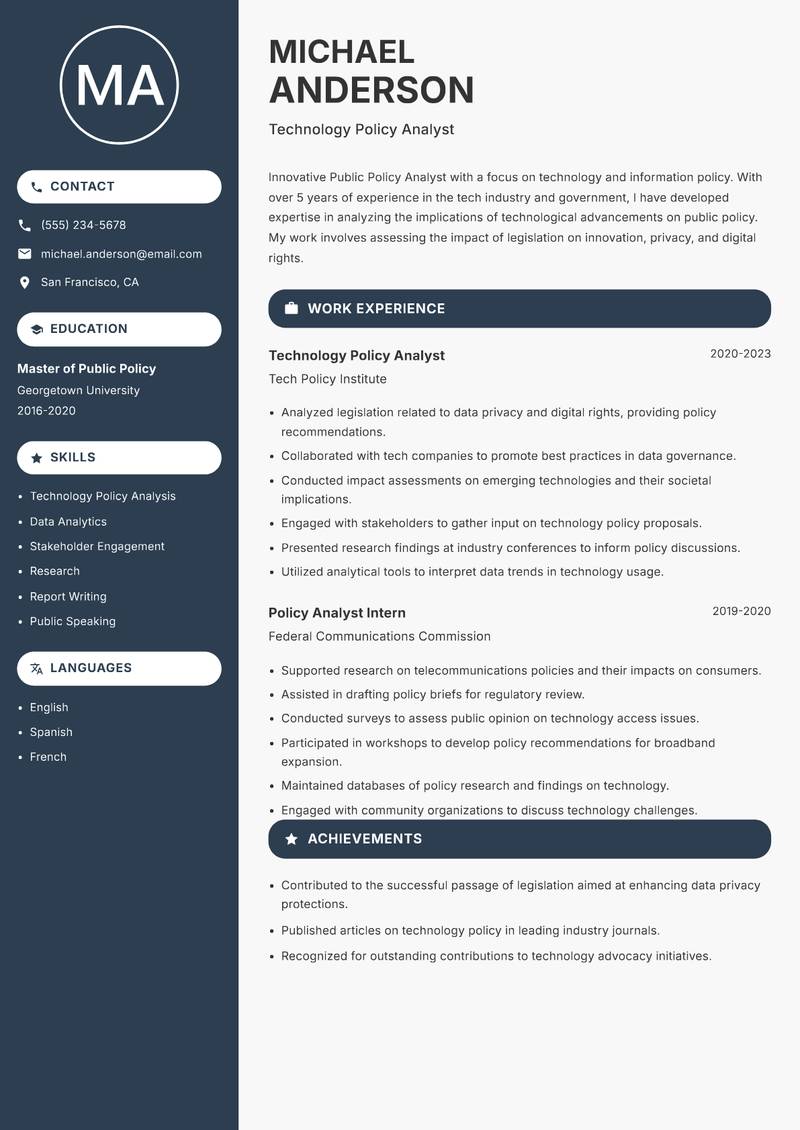 Public Policy Analyst resume template — Compact