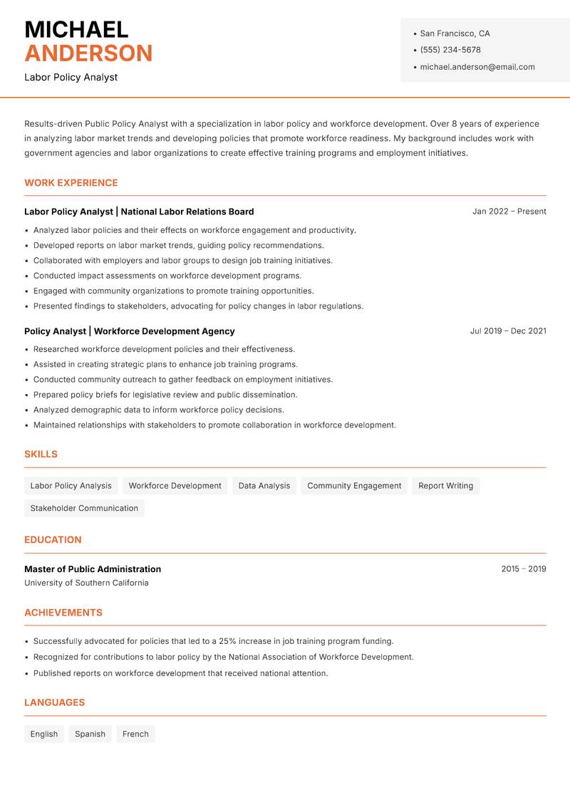 Public Policy Analyst resume template — Modern Professional
