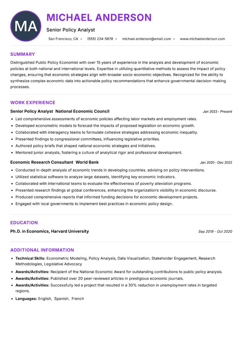 Public Policy Economist resume example — ATS-friendly template