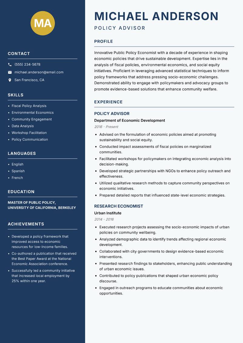 Public Policy Economist resume template — Classic Clean