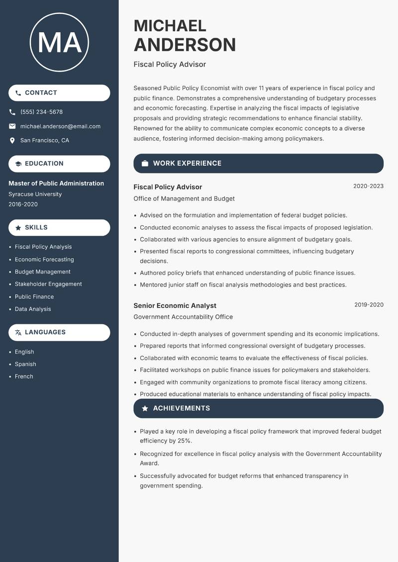 Public Policy Economist resume template — Compact