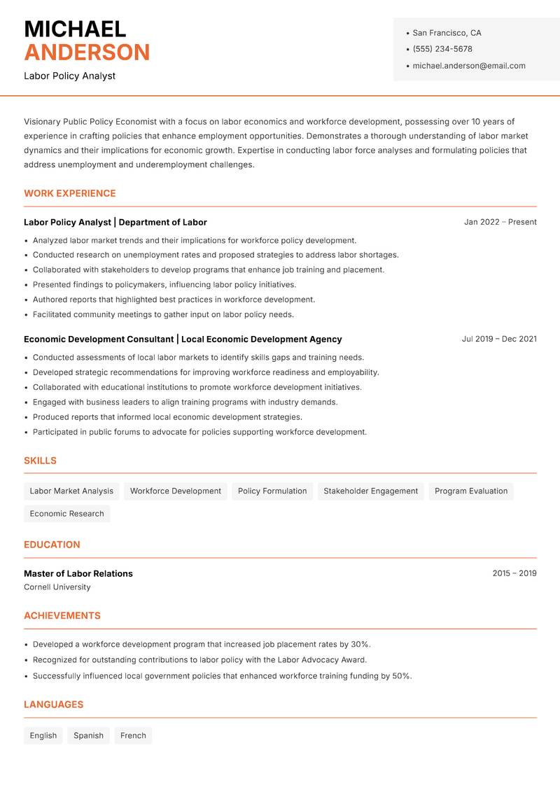 Public Policy Economist resume template — Modern Professional