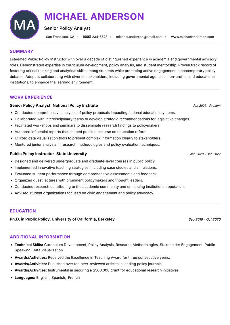 Public Policy Instructor resume example — ATS-friendly template