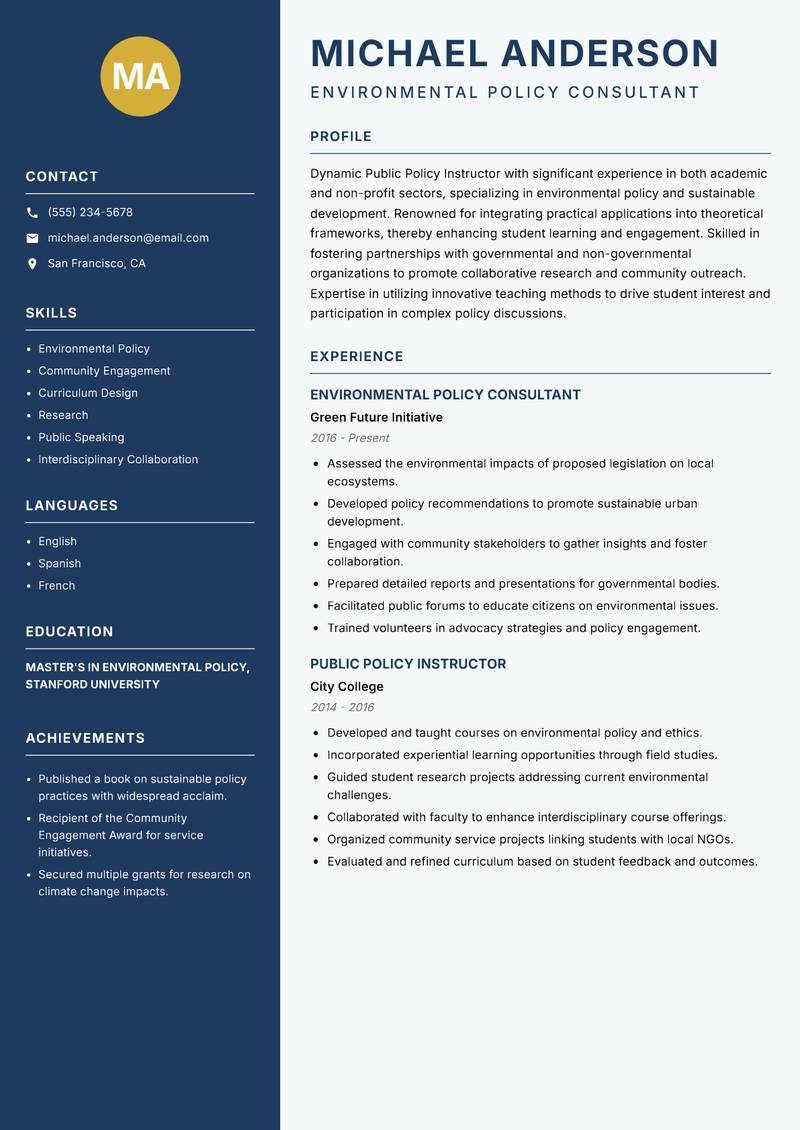 Public Policy Instructor resume template — Classic Clean
