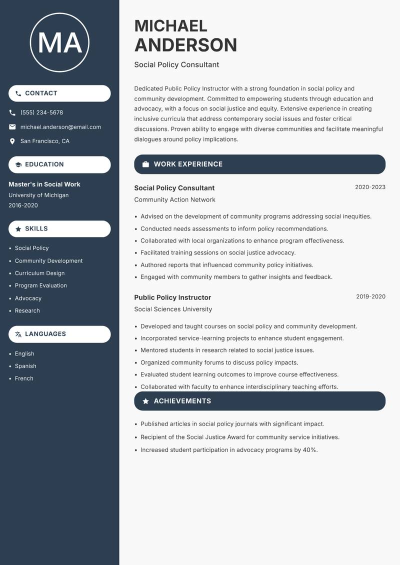 Public Policy Instructor resume template — Compact