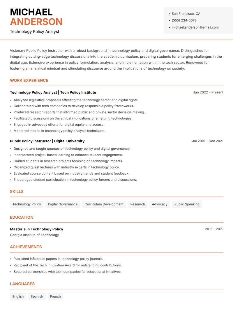 Public Policy Instructor resume template — Modern Professional