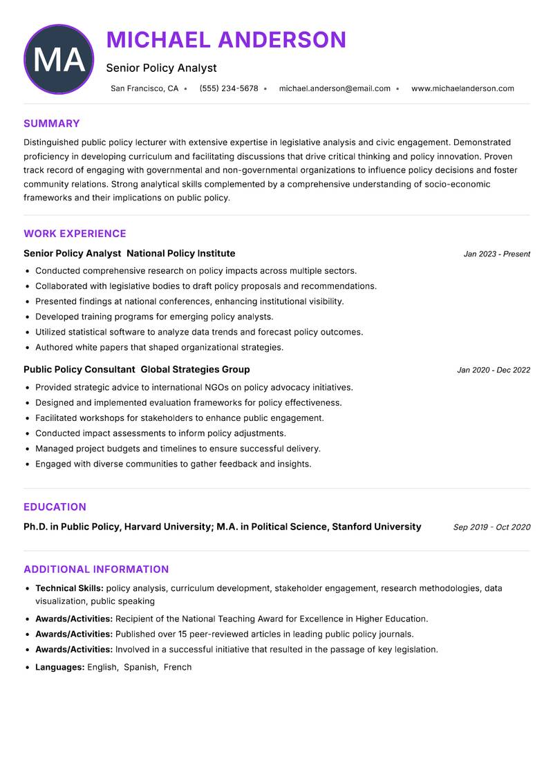 Public Policy Lecturer resume example — ATS-friendly template