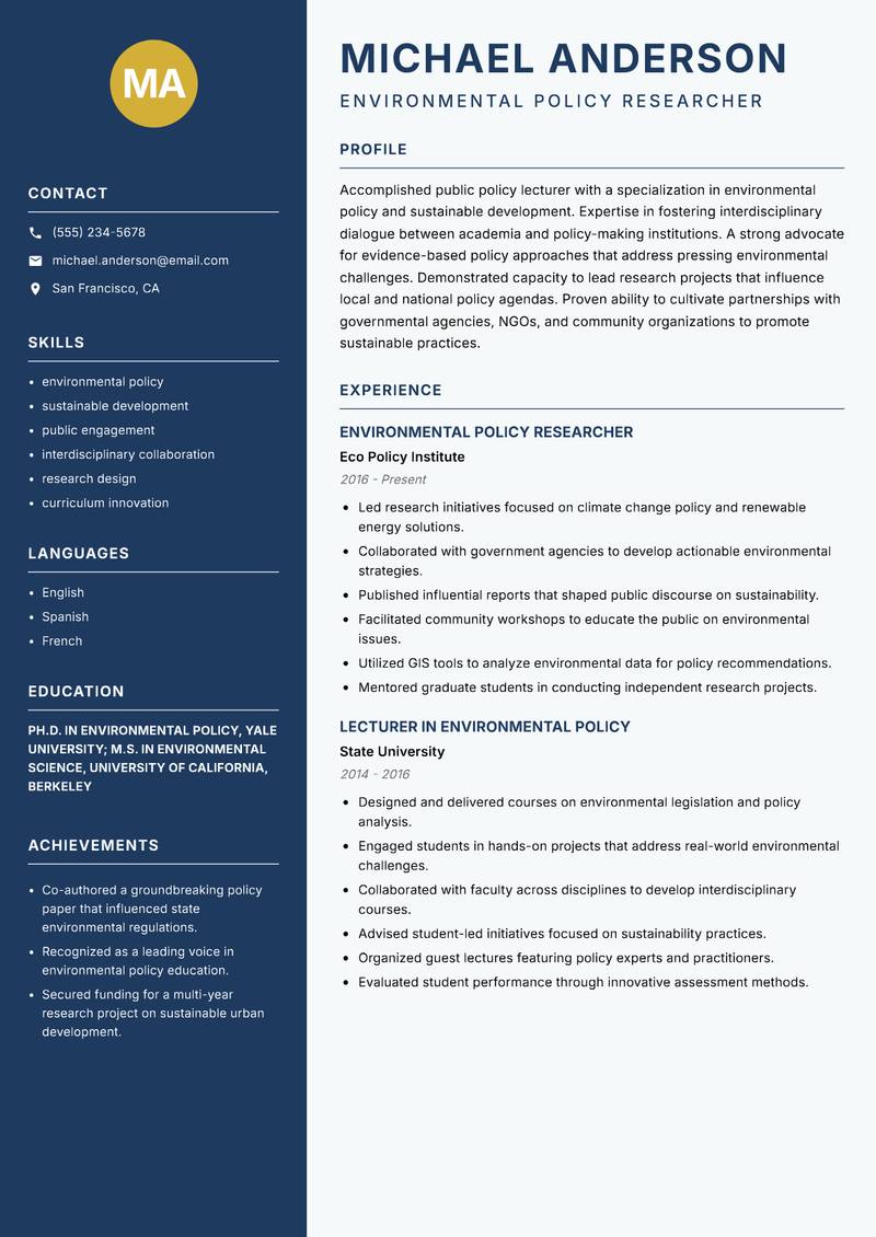 Public Policy Lecturer resume template — Classic Clean