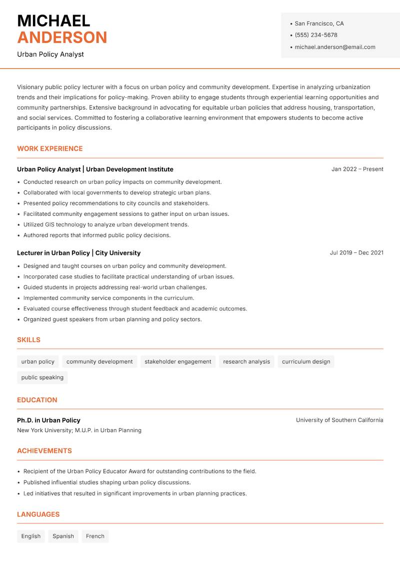 Public Policy Lecturer resume template — Modern Professional