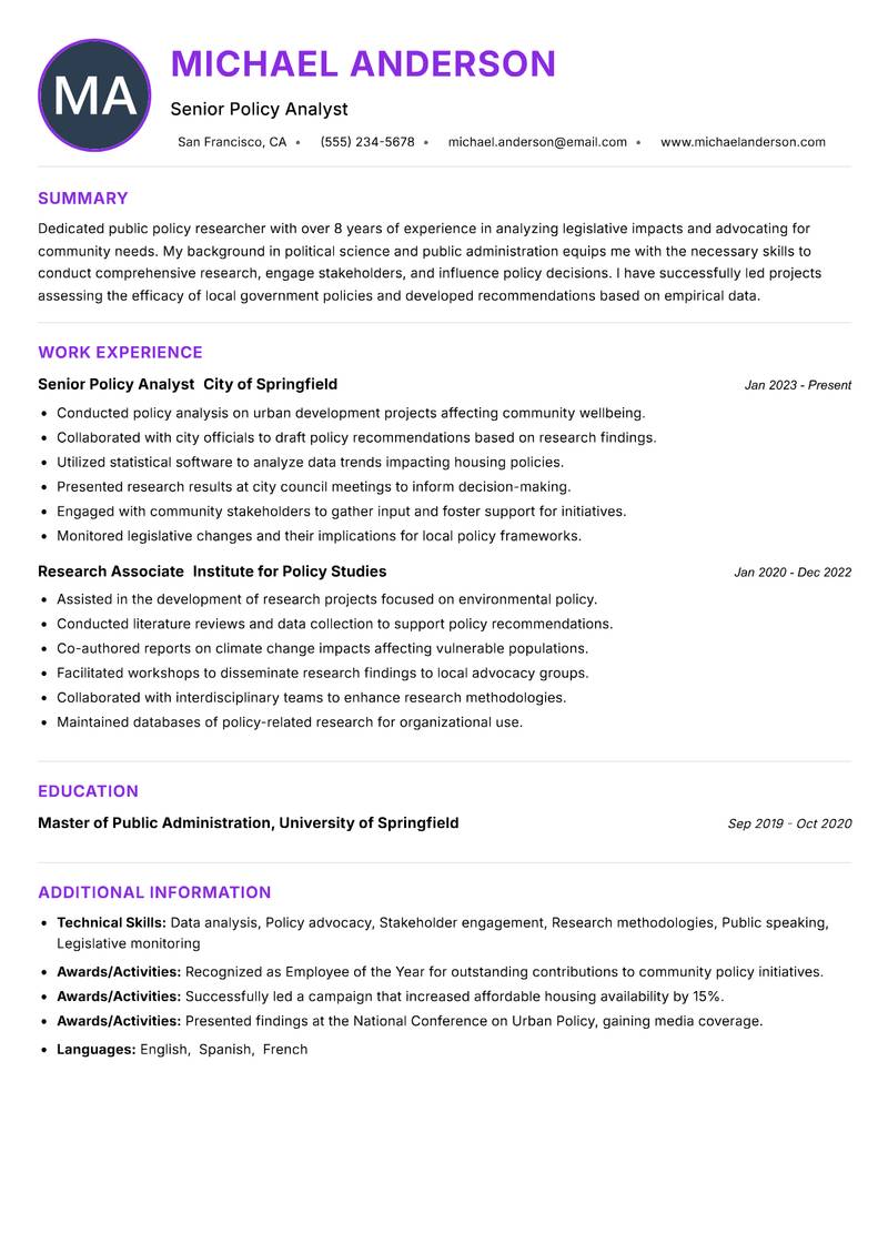 Public Policy Researcher resume example — ATS-friendly template
