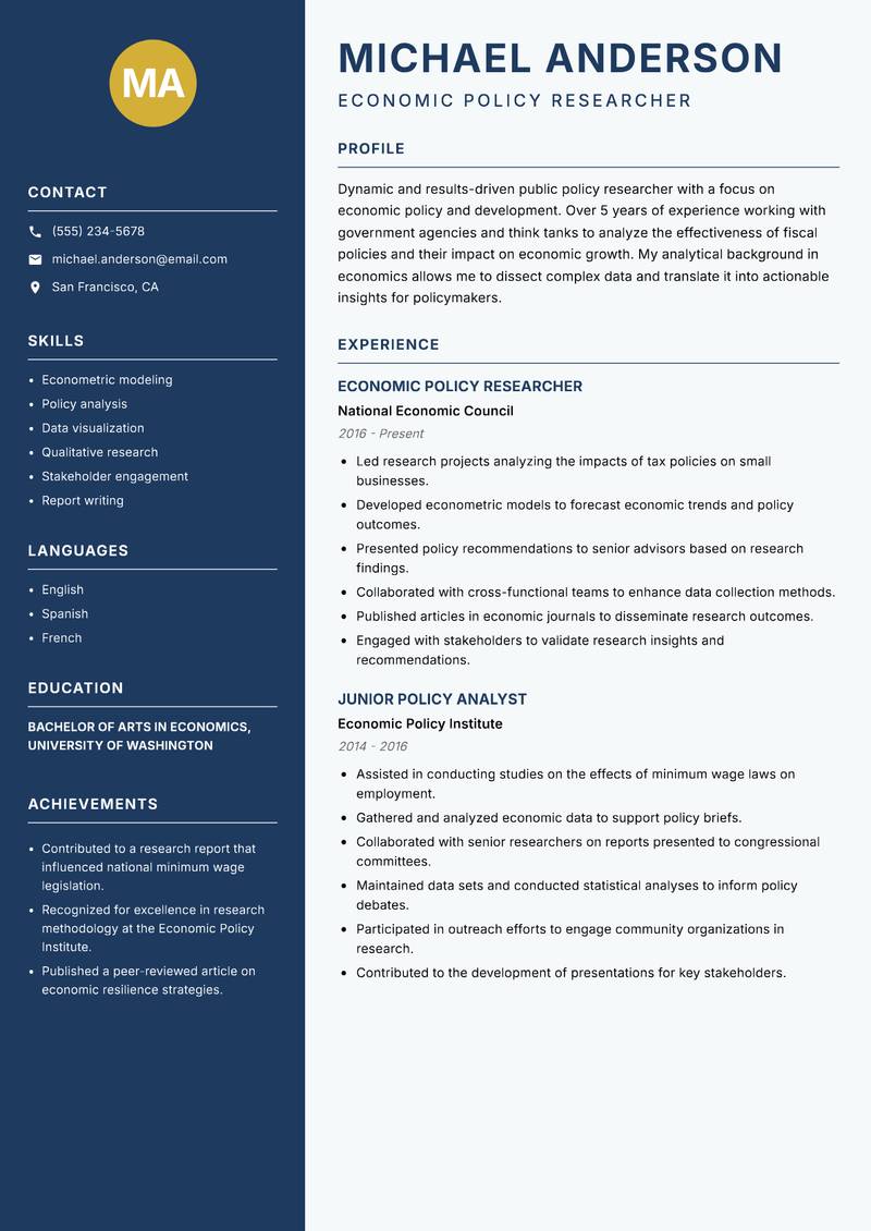 Public Policy Researcher resume template — Classic Clean