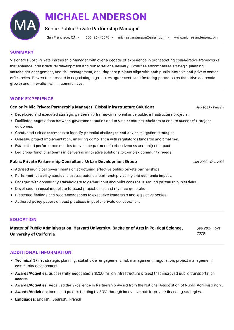 Public Private Partnership Manager resume example — ATS-friendly template