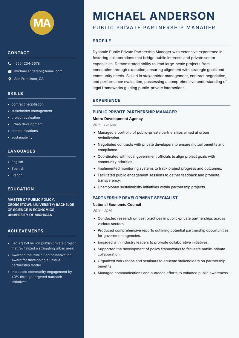 Public Private Partnership Manager resume template — Classic Clean