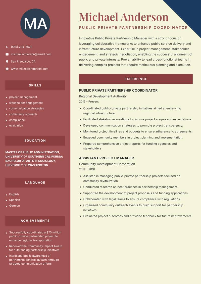 Public Private Partnership Manager resume template — Two Column