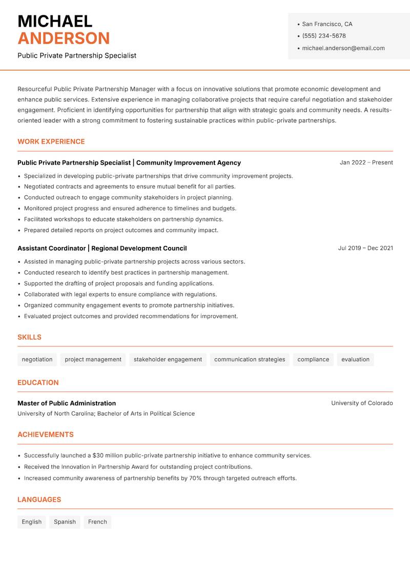 Public Private Partnership Manager resume template — Modern Professional