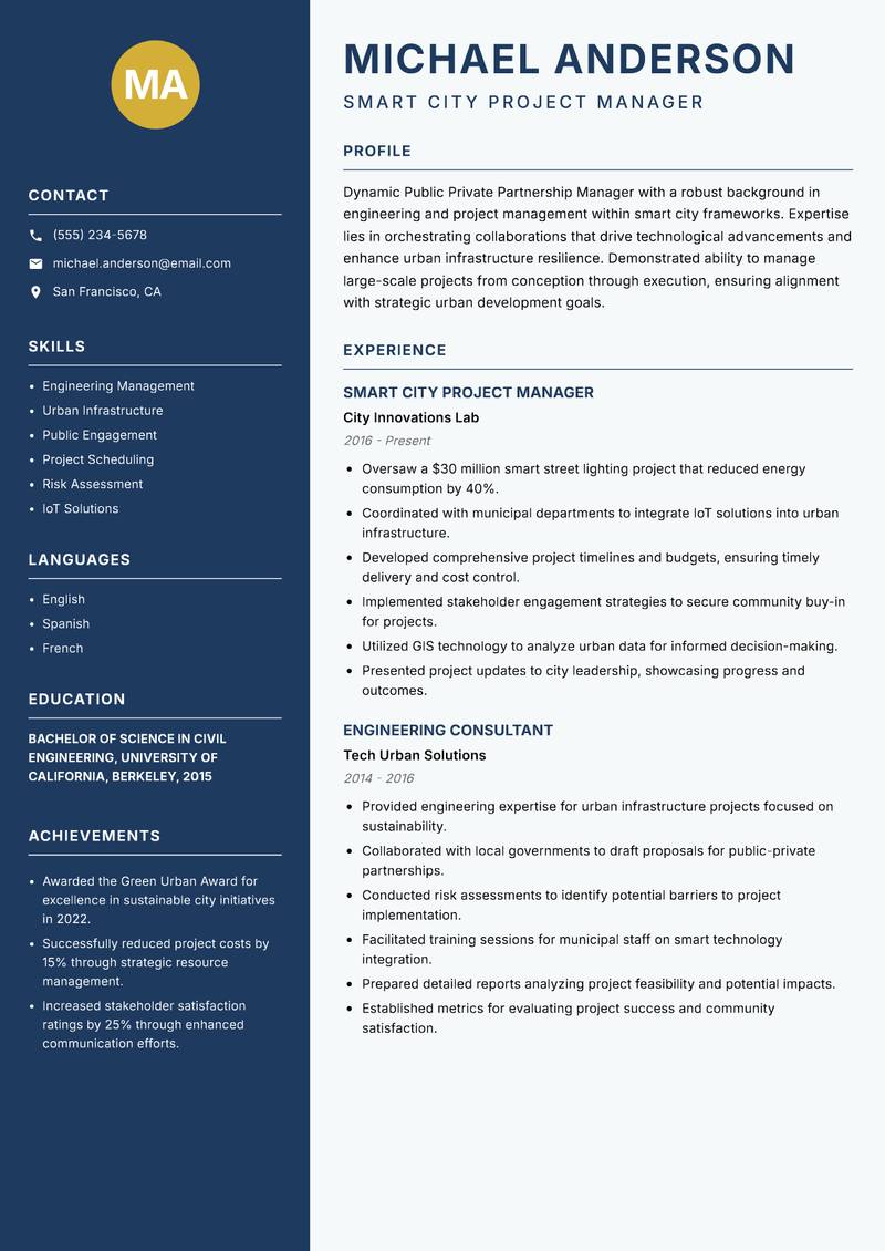 Public Private Partnership Manager Smart Cities resume template — Classic Clean