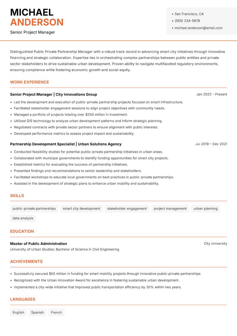 Public Private Partnership Manager Smart Cities resume template — Modern Professional