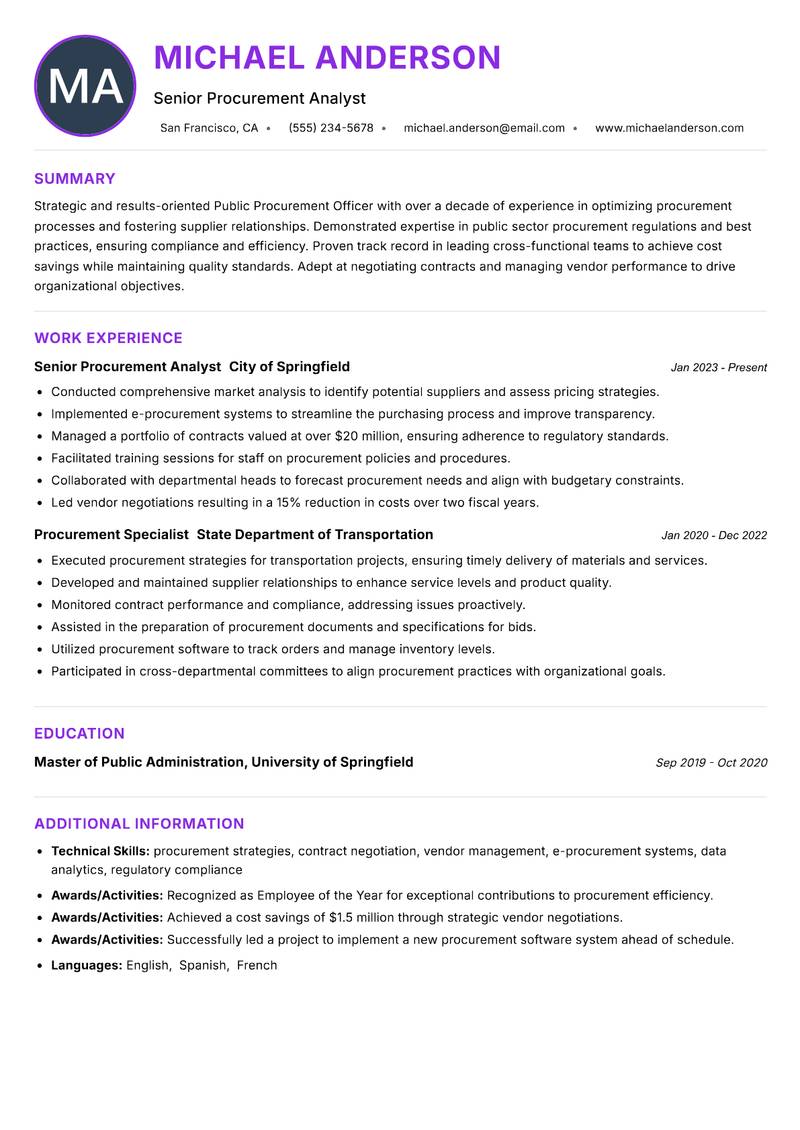 Public Procurement Officer resume example — ATS-friendly template