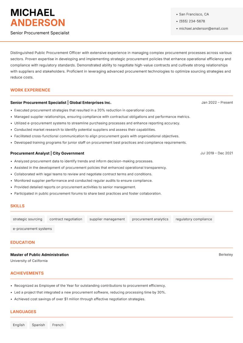 Public Procurement Officer resume template — Modern Professional