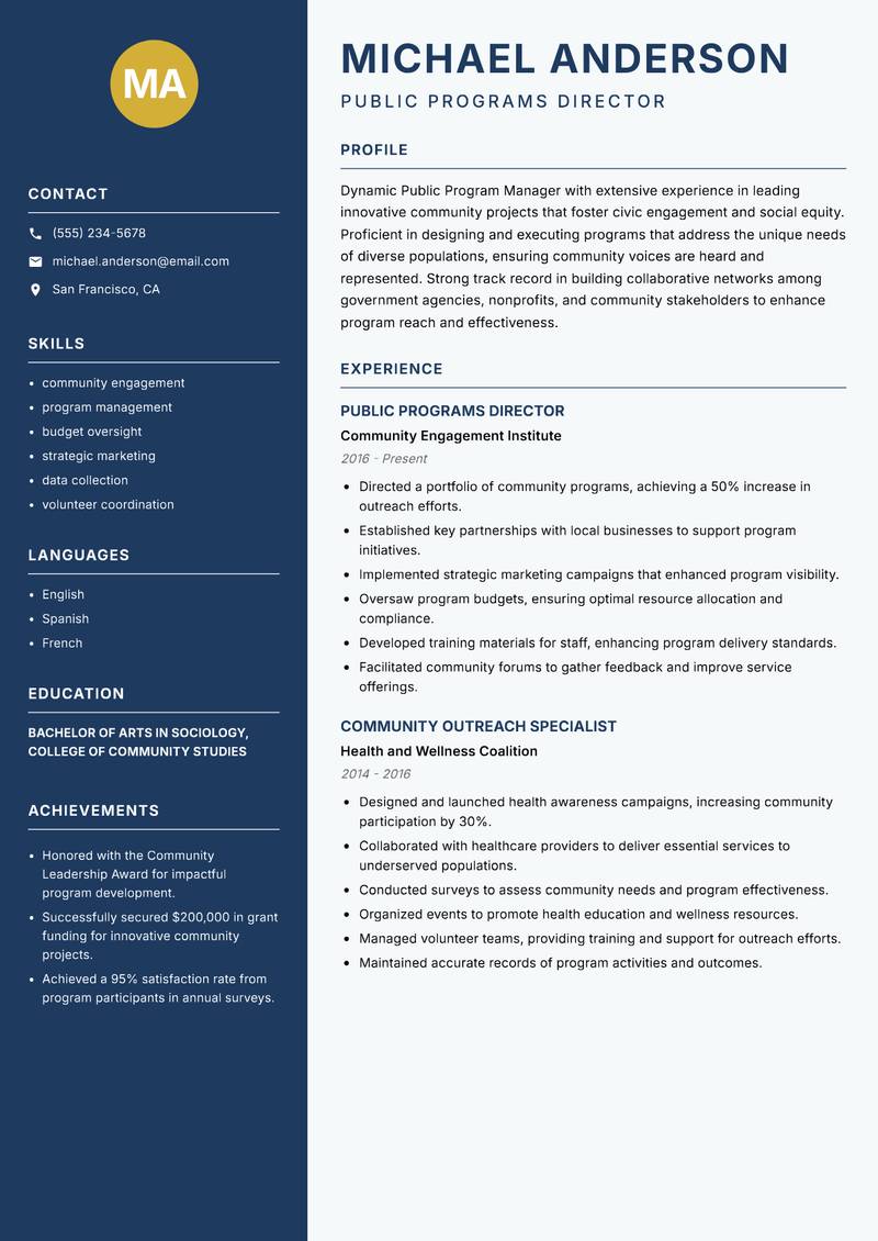 Public Program Manager resume template — Classic Clean