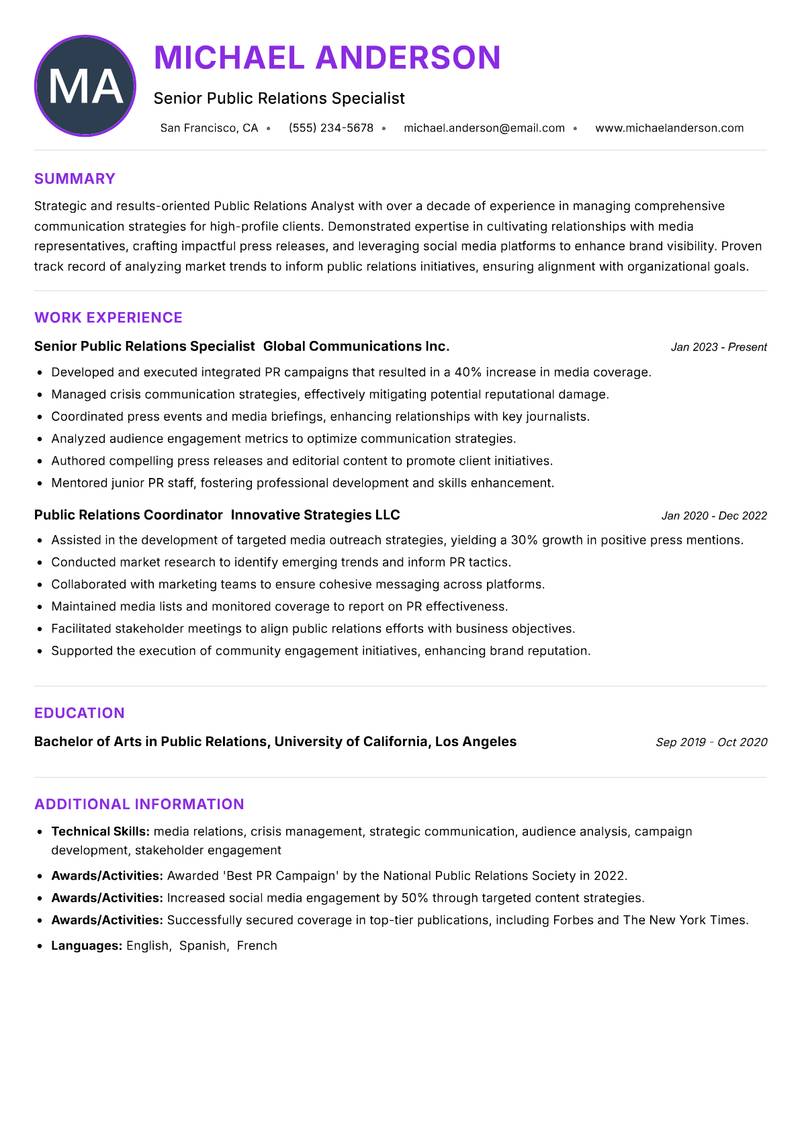 Public Relations Analyst resume example — ATS-friendly template