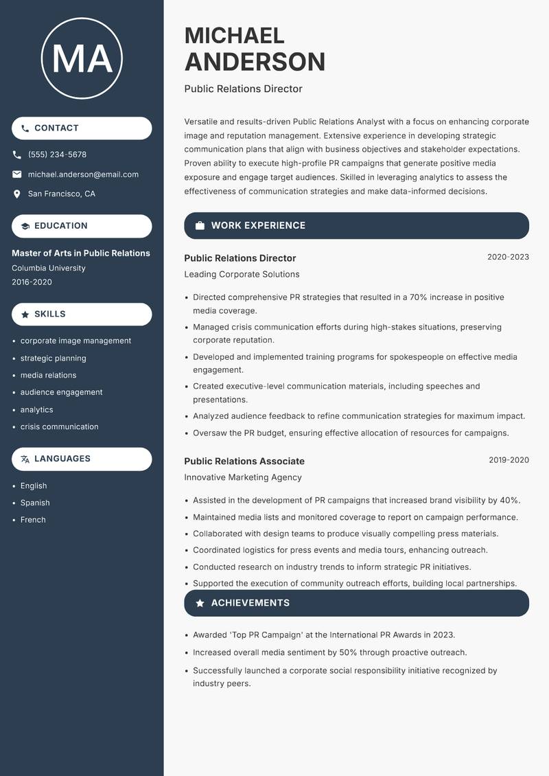 Public Relations Analyst resume template — Compact