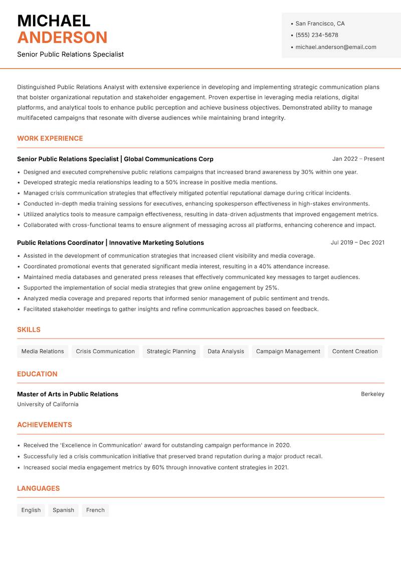 Public Relations Analyst resume template — Modern Professional