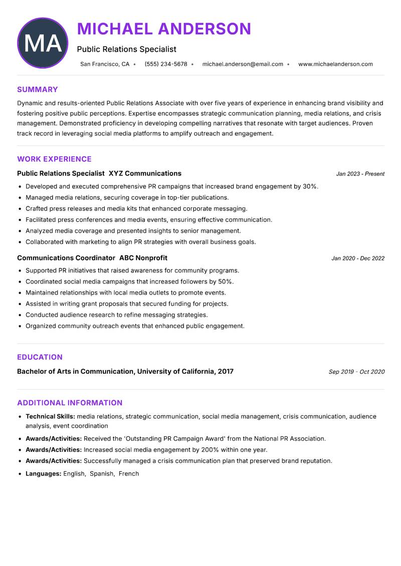 Public Relations Associate resume example — ATS-friendly template