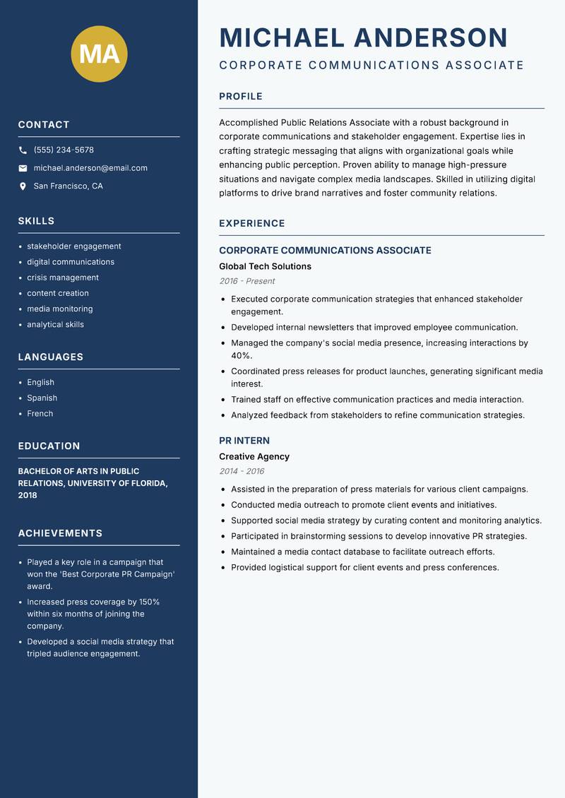 Public Relations Associate resume template — Classic Clean