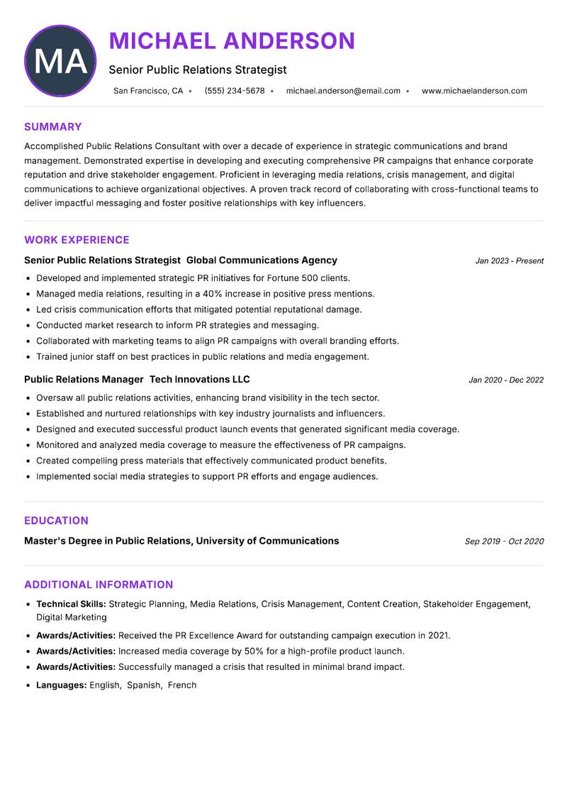 Public Relations Consultant resume example — ATS-friendly template