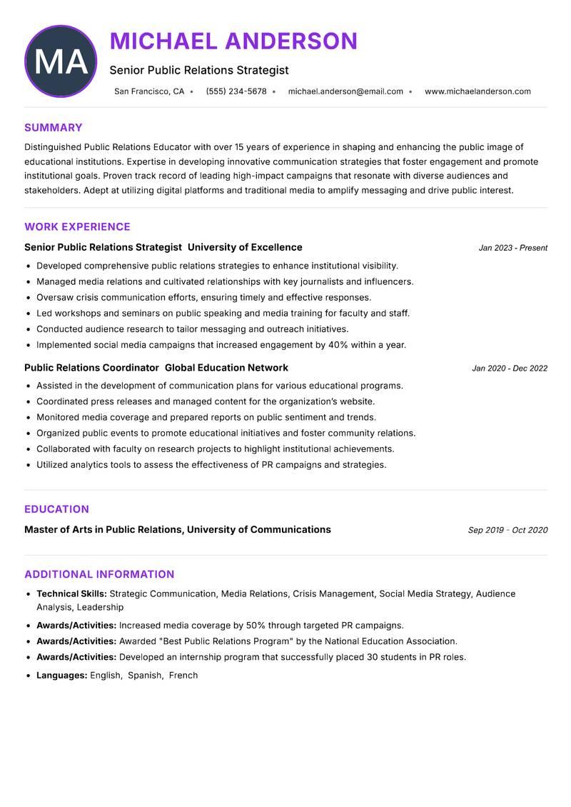 Public Relations Educator resume example — ATS-friendly template