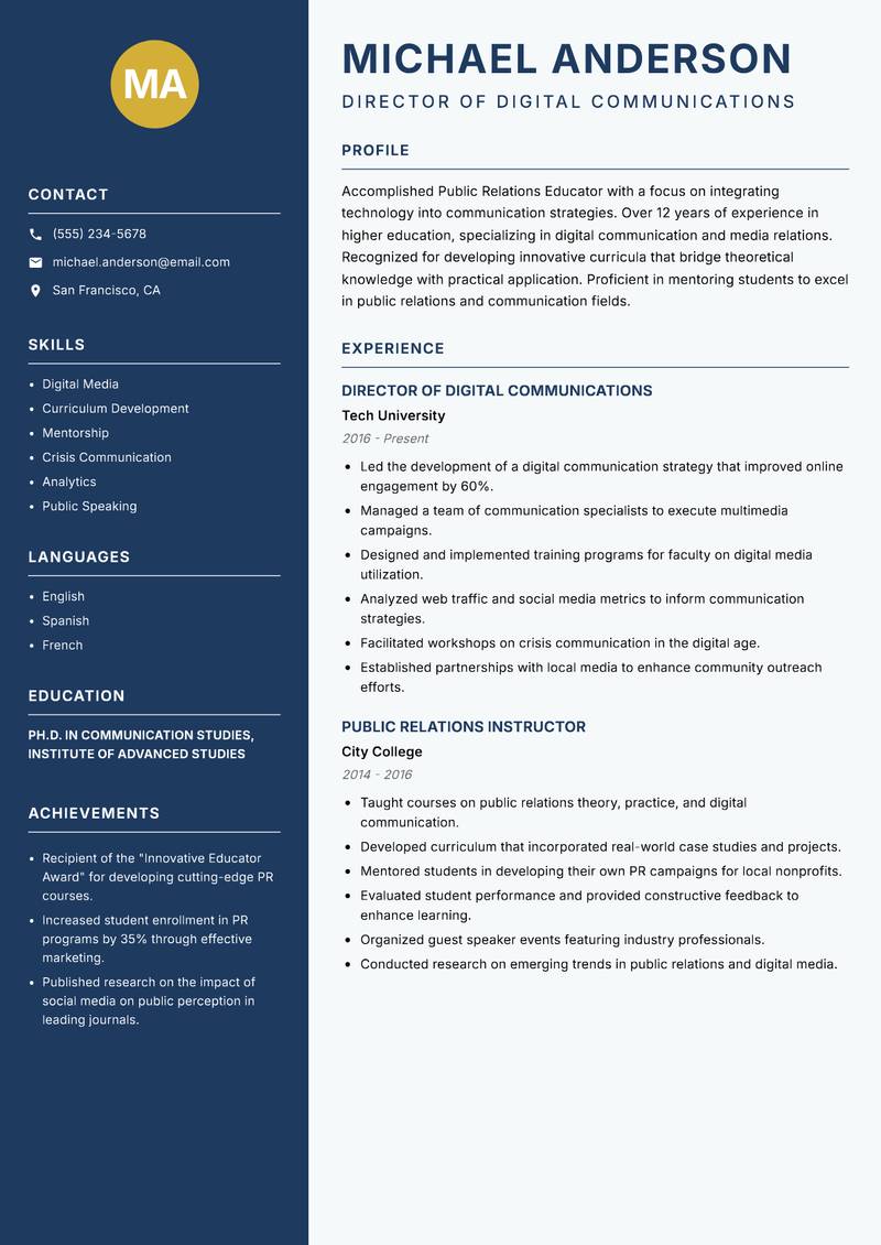 Public Relations Educator resume template — Classic Clean