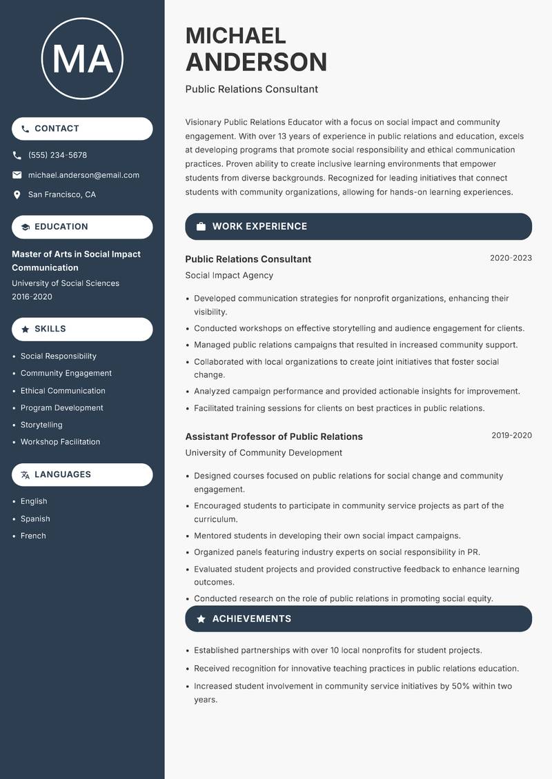 Public Relations Educator resume template — Compact