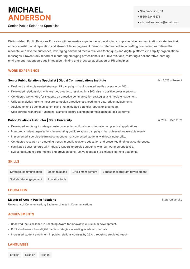 Public Relations Educator resume template — Modern Professional