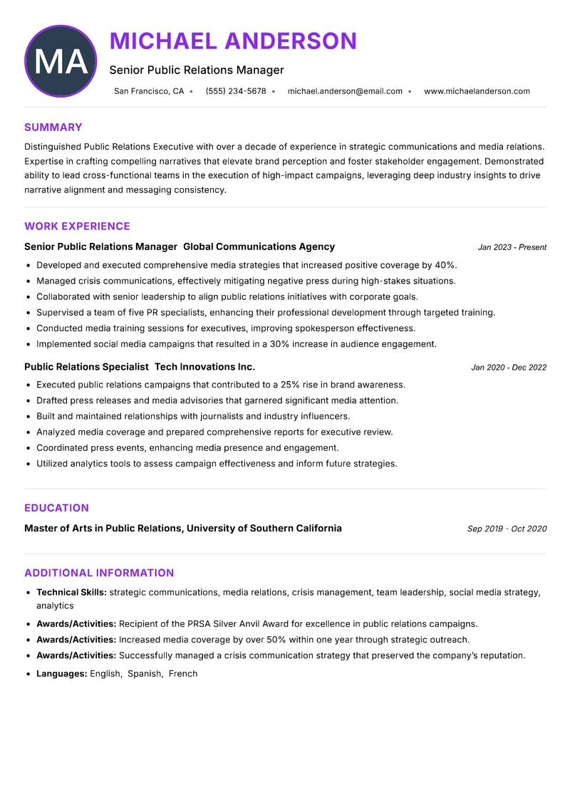 Public Relations Executive resume example — ATS-friendly template