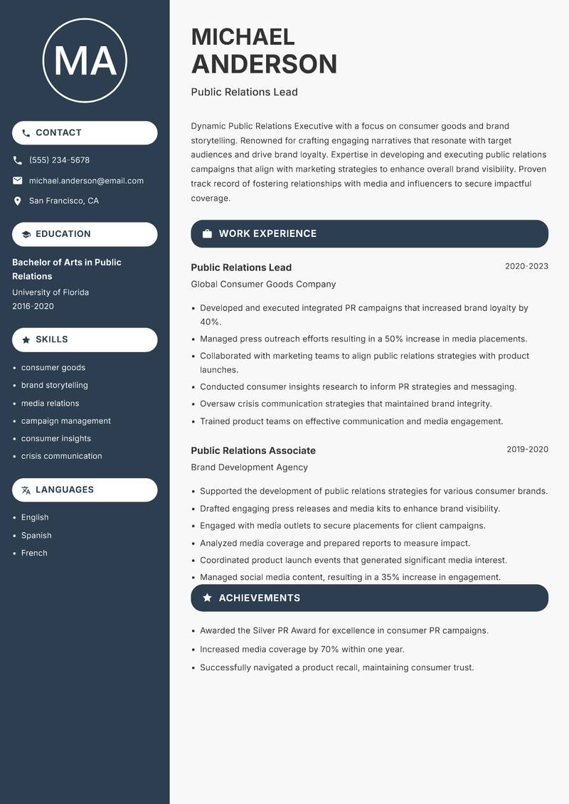 Public Relations Executive resume template — Compact