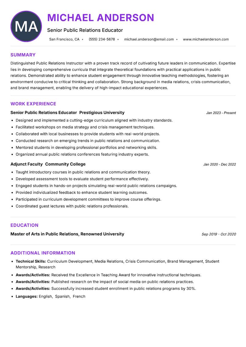 Public Relations Instructor resume example — ATS-friendly template