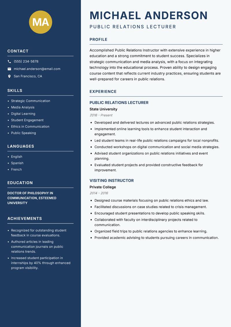 Public Relations Instructor resume template — Classic Clean