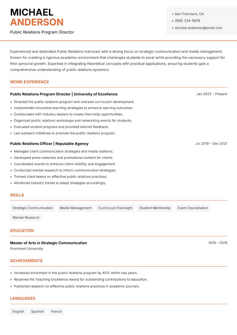 Public Relations Instructor resume template — Modern Professional