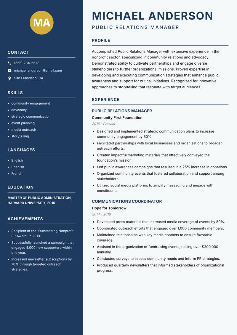 Public Relations Manager resume template — Classic Clean