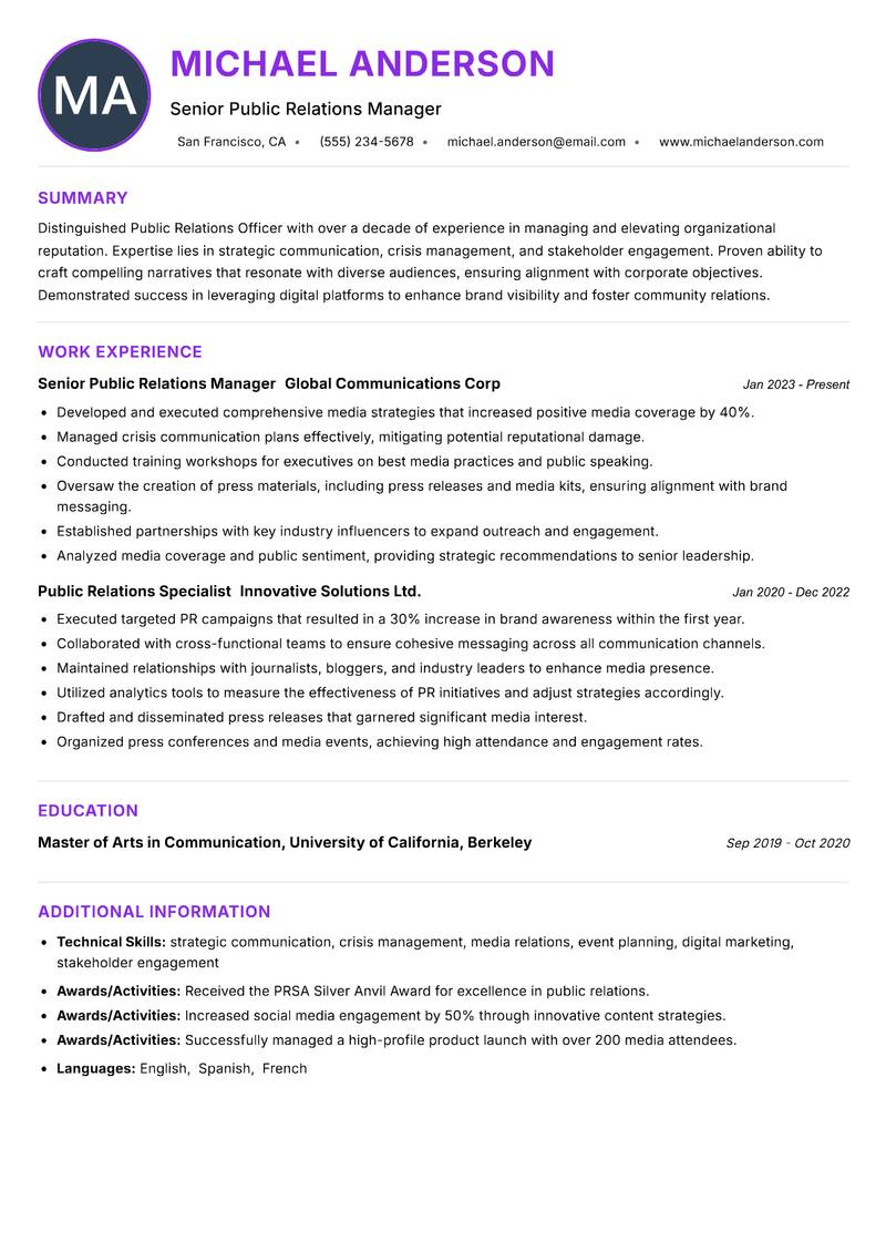 Public Relations Officer resume example — ATS-friendly template