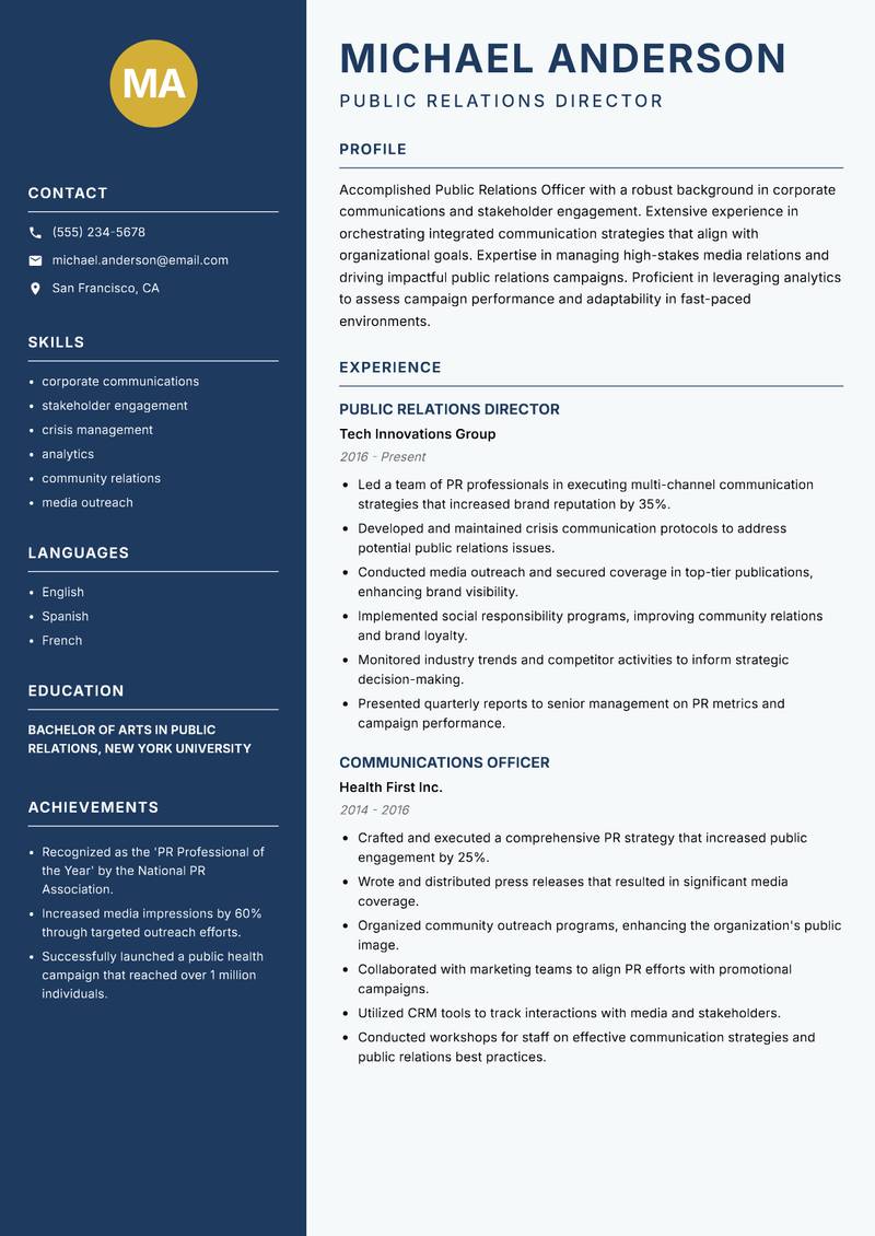 Public Relations Officer resume template — Classic Clean