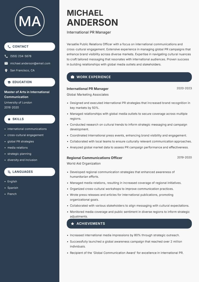 Public Relations Officer resume template — Compact