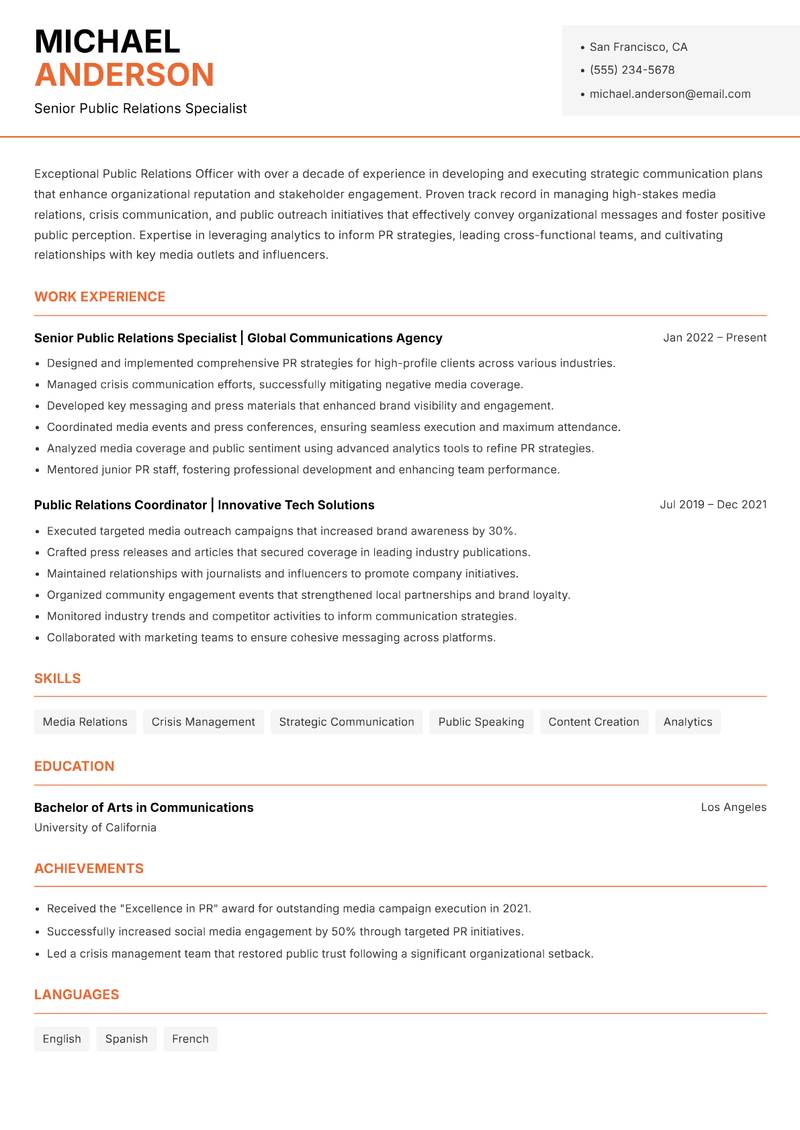 Public Relations Officer resume template — Modern Professional