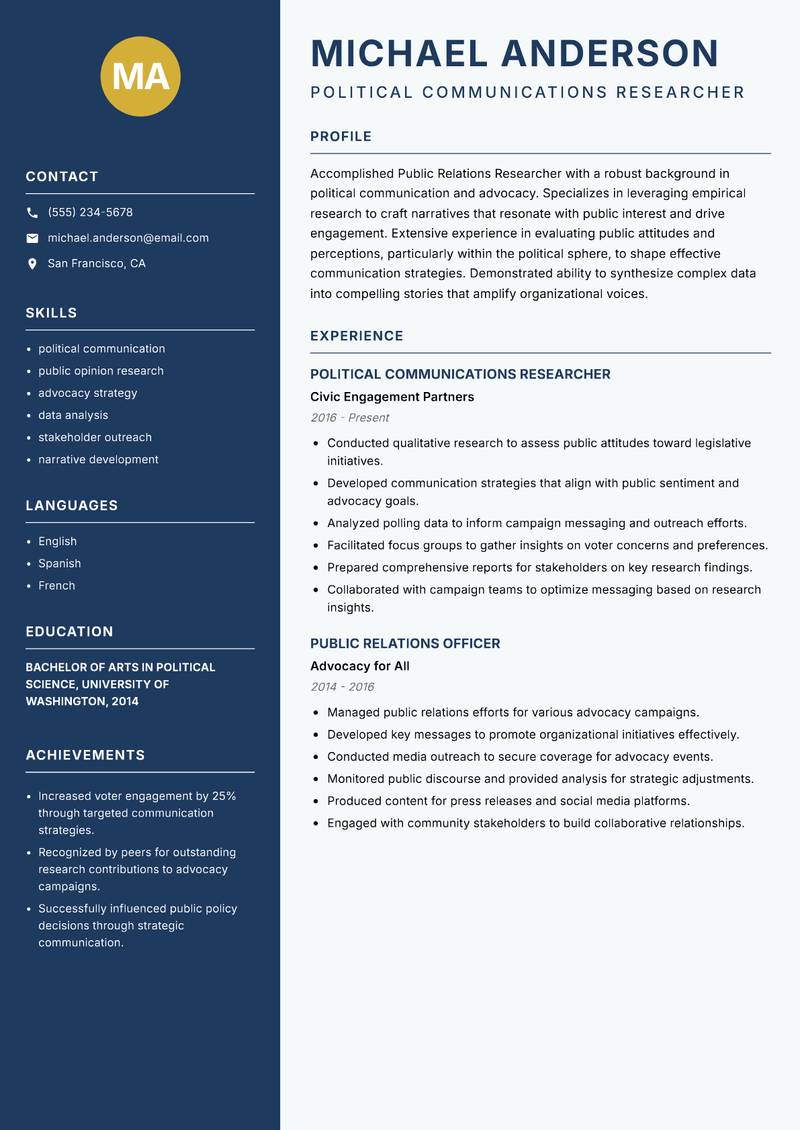 Public Relations Researcher resume template — Classic Clean